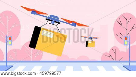 Drone Delivery Service, Quadcopters Shipping Parcels To Customers Flying Over City Street. Futuristi