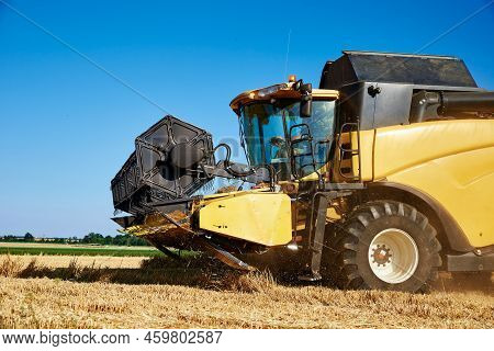Combine Harvester Collecting Golden Wheat Field, Harvesting Machine Working At Agricultural Field, H