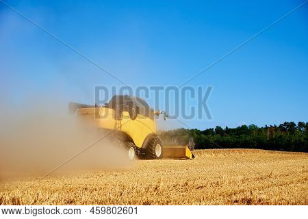 Combine Harvester Collecting Golden Wheat Field, Harvesting Machine Working At Agricultural Field, H