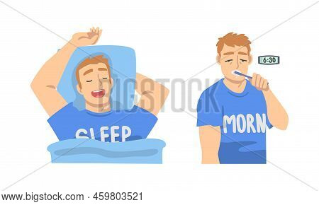 Young Man Daily Routine Set. Guy Sleeping At Night And Brushing His Teeth At Bedtime Cartoon Vector 