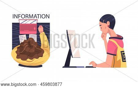 People Using Laptopcomputers For Communicating And Searching For Information Cartoon Vector Illustra