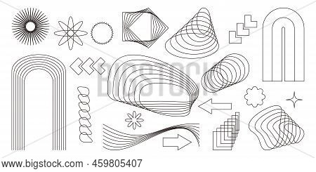 Aesthetic Y2k Geometric Shapes Vector Set. Futuristic Brutalism Line Elements In 2000s Style. Trendy