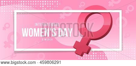 International Women's Day Text In White Frame And Pink Female Symblo On Soft Pink Background Vector 