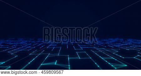 Digital Database Cyberspace. Decoding Algorithms Hacked Software. Cyber Security With Moving Blue Pa