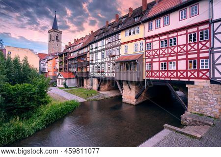 Erfurt, Germany. Cityscape Image Of Downtown Erfurt, Germany With The Merchant's Bridge At Summer Su