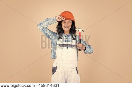 Safety Expert. Architecture. Woman Architect In Helmet. Girl In Checkered Shirt And Protective Hard 