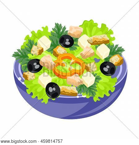 Salad Illustration In Cartoon Style. Vegetable And Meat Salad. Healthy And Tasty Food Ideas. Dishes 