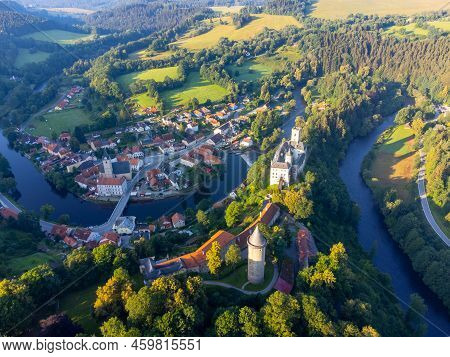 Rozmberk Castle Above Vltava River, Rozmberk Nad Vltavou, Czech Republic . Aerial View From Drone.