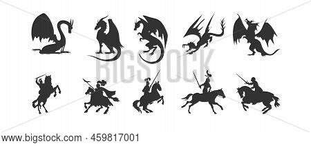 Knight And Dragon Fight Silhouette. Medieval Battle Outlines.
