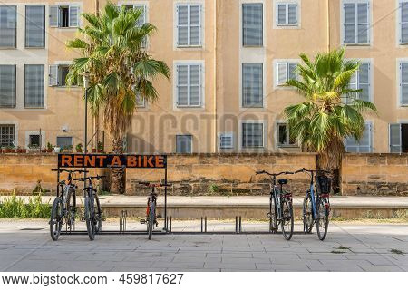 Arta, Spain; August 13 2022: Bicycle Rental Street Stall, In The Tourist Town Of Arta. Island Of Mal