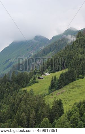 Green Landscape In The Swiss Alps On A Early Summer Day. Rural Scene In Brienz.