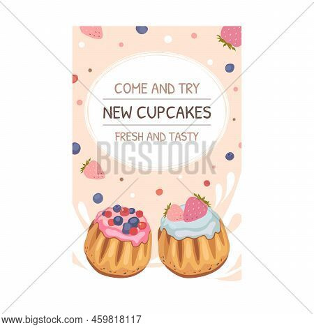 Invitation Card With Pastry. Loaves Of Bread, Muffins, Birthday Cupcakes Vector Illustration. Holida