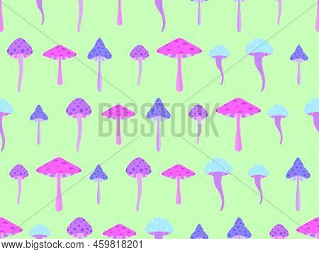 Toadstool Mushrooms Seamless Pattern. Mushrooms With Red Caps. Not Edible Poisonous Toadstool Mushro
