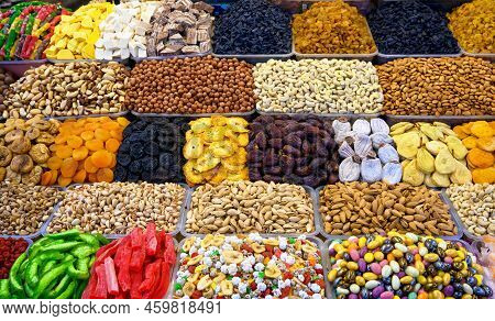 Counter With Oriental Food In East Market. Dried Fruits, Sweets And Nuts At Bazaar. Variety Of Natur