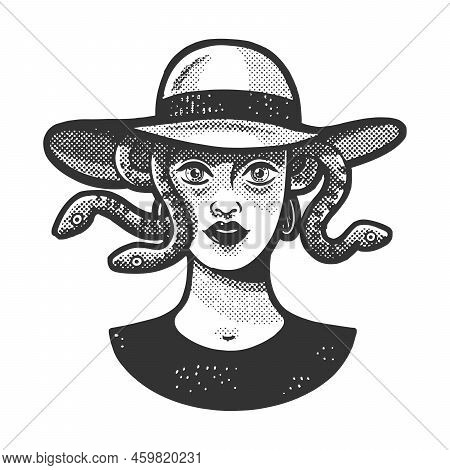 Young Beauty Woman With Snakes From Under The Hat As Medusa Gorgo Sketch Halftone Pattern Raster Ill
