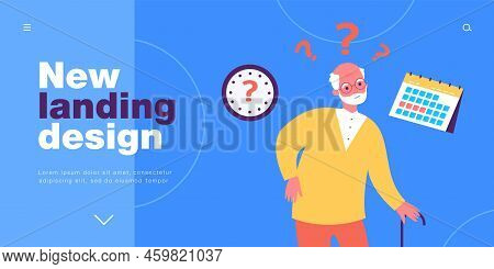 Problem With Time Management Of Elderly Man. Tiny Old Person With Question Marks, Schedule, Clock Fl