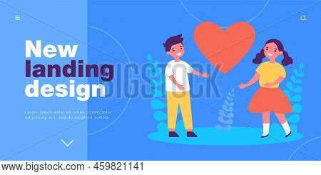 Tiny Preschool Kids Standing Near Big Heart. Romantic Relationship Of Cute Girl And Boy Flat Vector 