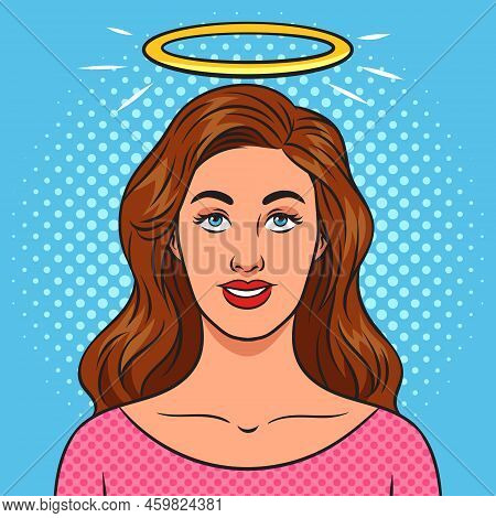 Girl With Halo Over Her Head Pop Art Retro Vector Illustration. Comic Book Style Imitation.