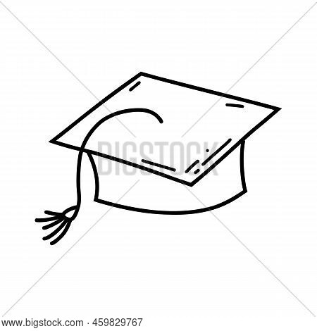 Hand Drawn Doodle Square Academic Cap Icon. Vector Sketch Illustration Of Black Outline Oxford Cap, 