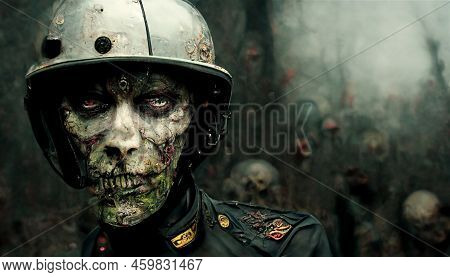 Zombie Apocalypse Concept. Dead Man In Helmet And Soldier Uniform, Abstract Background