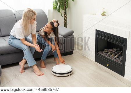 Daughter And Mother, Robot Vacuum Cleaner, Smart Home Technology