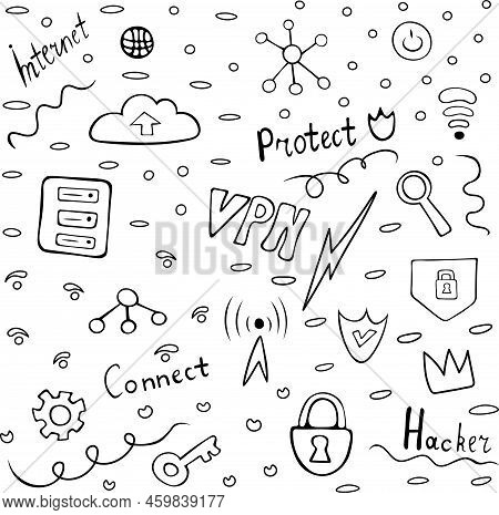 Hand Drawn Doodle Vpn Set. Includes Vpn Themed Signs And Symbols Such As Lightning, Server, Cloud, K