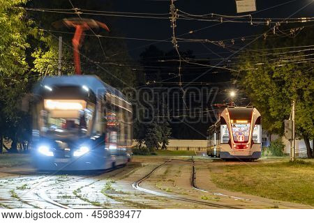 Moscow August 08 2022, Transport In The Metropolis Night, Night Tram Routes In Moscow. High Quality 