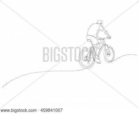Continuous One Line Drawing Of Bicycle Rider. Professional Cyclist. Bike In The Mountain. Extreme Sp