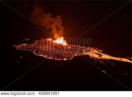 Aerial Drone Image Of Meradalir Eruption Of Fagradalsfjall Volcano In Iceland 2022