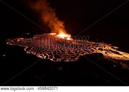 Aerial Drone Image Of Meradalir Eruption Of Fagradalsfjall Volcano In Iceland 2022