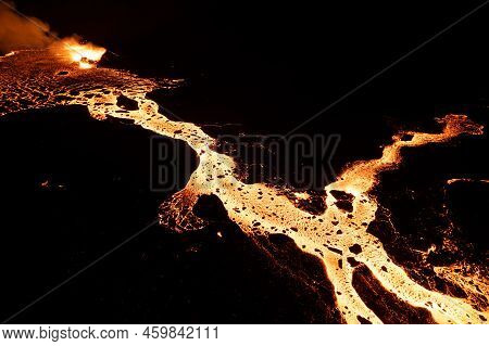 Aerial Drone Image Of Meradalir Eruption Of Fagradalsfjall Volcano In Iceland 2022