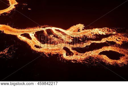 Aerial Drone Image Of Meradalir Eruption Of Fagradalsfjall Volcano In Iceland 2022