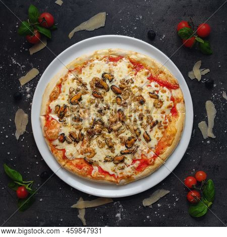 Traditional Italian Pizza With Sea Food And Mozzarella Cheese