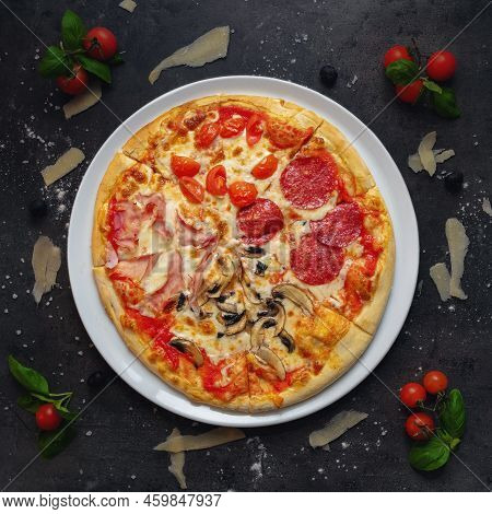 Traditional Italian Pizza 4 Season Style - Mushroom, Tomato, Salami And Ham