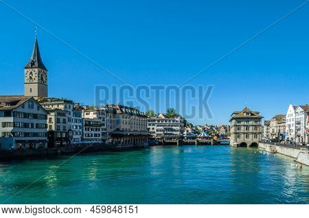 Zurich, Switzerland - September 3, 2013: View Of Zurich Old Town On The Banks Of The Limmat River