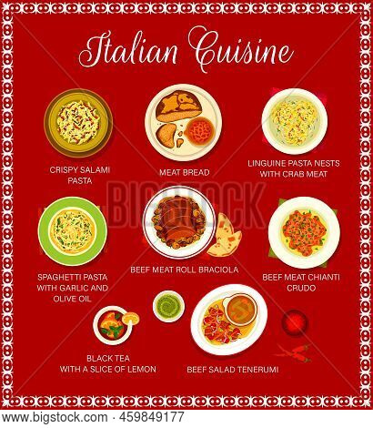 Italian Cuisine Restaurant Menu Template. Crispy Salami Pasta, Meat Bread And Linguine Pasta With Cr