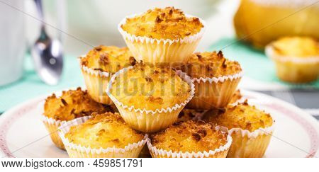 Typical Sweet From Brazil And Portugal, Called Queijadinha Or Queijada. Homemade Dessert, Pastry Fro