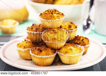 Typical Sweet From Brazil And Portugal, Called Queijadinha Or Queijada. Homemade Dessert, Pastry Fro
