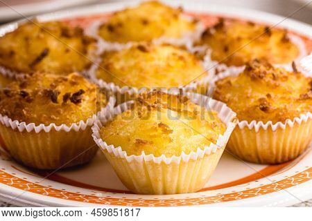 Typical Sweet From Brazil And Portugal, Called Queijadinha Or Queijada. Homemade Dessert, Pastry Fro