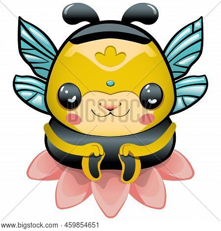 A Cute, Plump, Yellow And Black Bumblebee Sits On A Pink Flower. Isolated Image On A White Backgroun