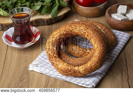 Turkish Fast Food Bagel Called Simit. Turkish Bagel Simit With Sesame. Bagel Is Traditional Turkish 