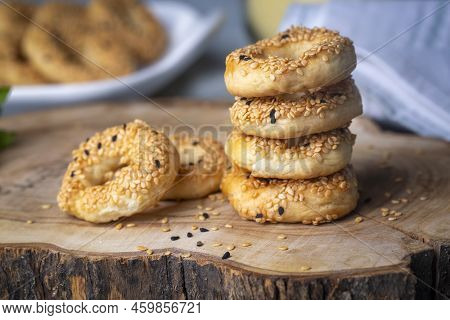 Turkish Bagel With Sesame Seeds Or Salty Ring Cookies. Turkish Name; Kandil Simidi Or Tuzlu Halka Ku