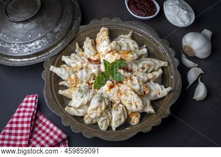 Traditional Manti Food On Plate, Top View. The Concept Of Oriental Cuisine. Uzbek Food Manty Dumplin