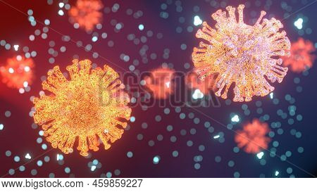 Abstract Virus Cells With Antibodies. Coronavirus Cells. Covid-19 Bodies Collapse. Vaccination. 3d R