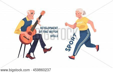 Dementia Disease Prevention Tips Set. Sport And Development Of Fine Motor Skills Cartoon Vector Illu