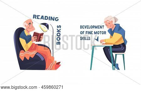 Dementia Disease Prevention Tips Set. Reading Books And Development Of Fine Motor Skills Cartoon Vec