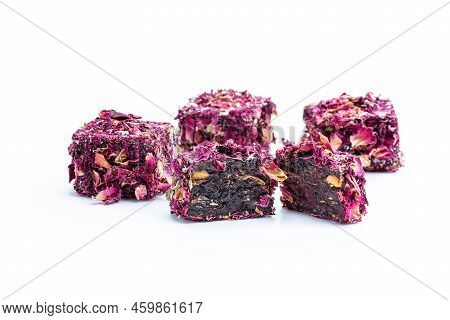 Turkish  Delight Rose Flavoured With Phistachio Covered With Rose Petal Isolated On White