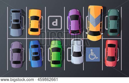 Parking Top View. Garage Floor With Cars From Above, City Parking Lot With Free Space, Cartoon Stree