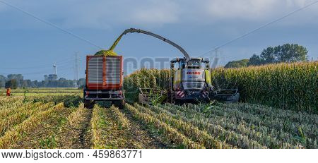 Hamburg, Germany - October 11, 2021: Fendt Vario Tractor With Silagewagon And Maize Chopper During T
