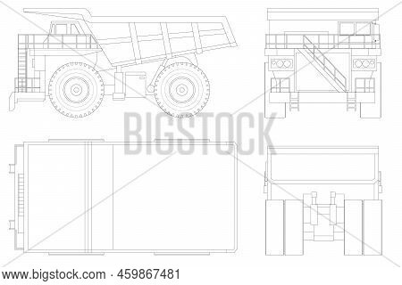 Large Quarry Dump Truck Template In Outline On White Background. Equipment For The High-mining Indus